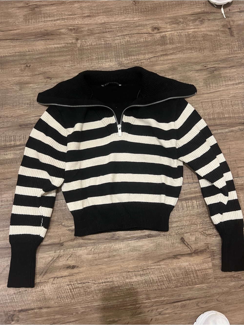 Zara Black and White Striped Half-Zip Sweater